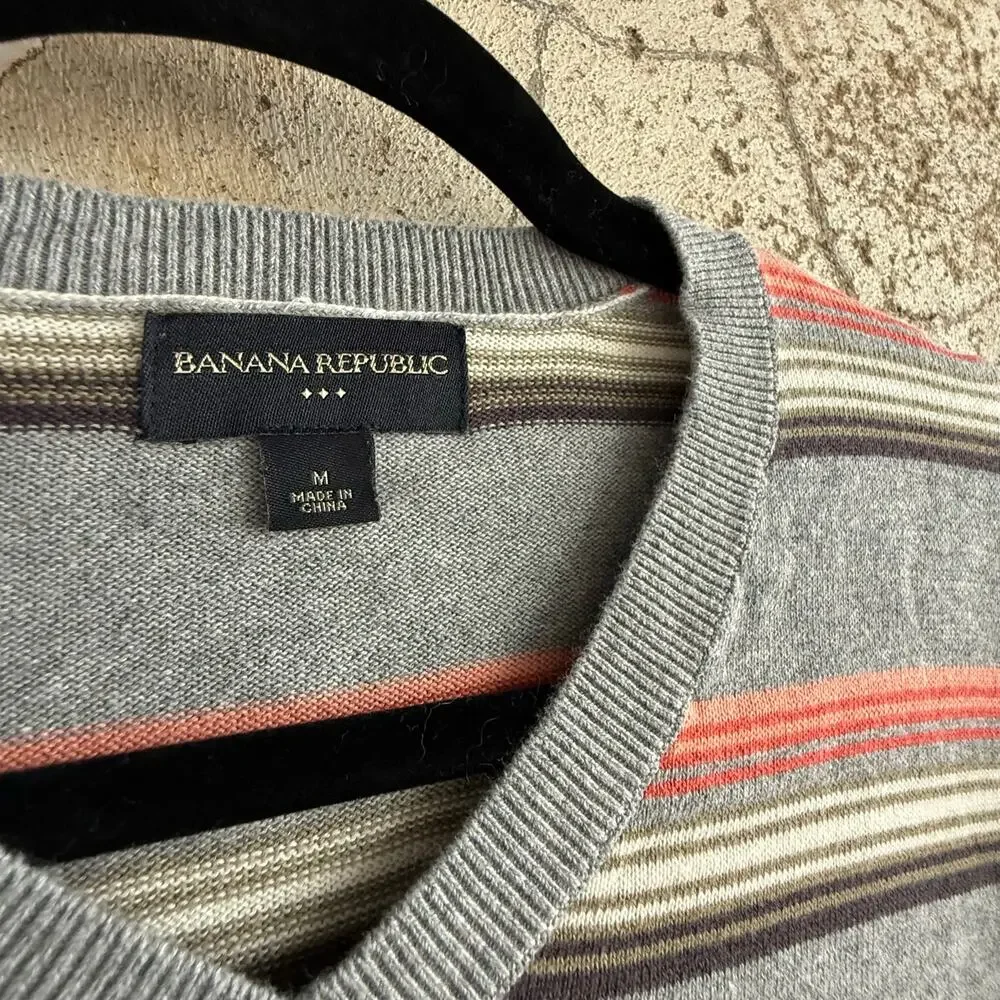 Banana Republic Sweater Striped Cotton V Neck Pullover Grey Coral Classic Mens M